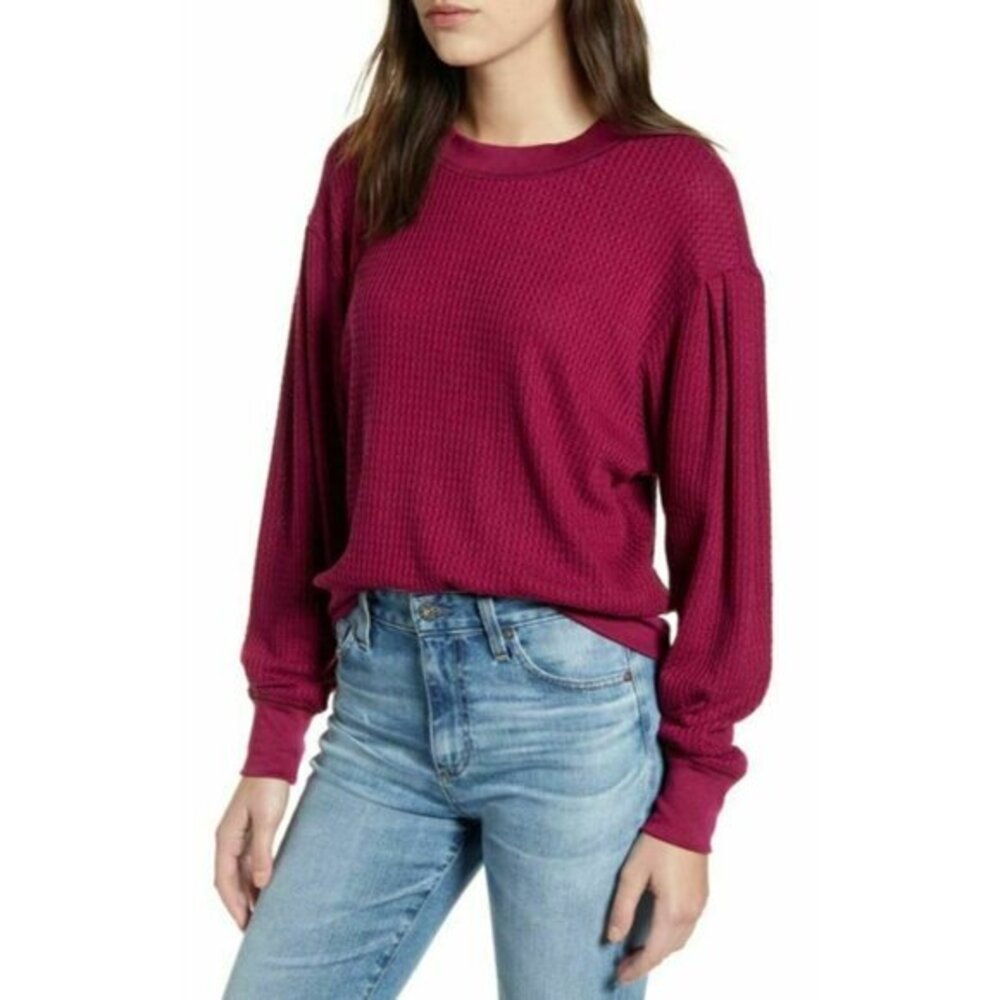 Treasure & Bond Top Puff Sleeve Waffle Knit Sweatshirt Burgundy Plum Sz S NWT